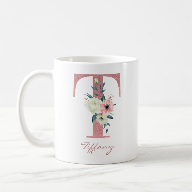 Blomstermönstrad bokstav T initial - Rosa och elfe Kaffemugg (Vänster)