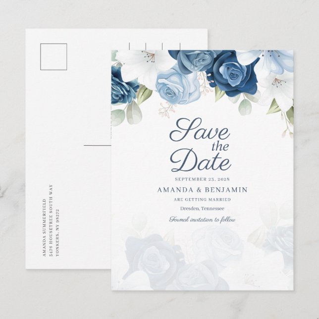 Blomstermönstrad dammblå bröllopsinbjudan att spar meddelande vykort (Fram/baksida)