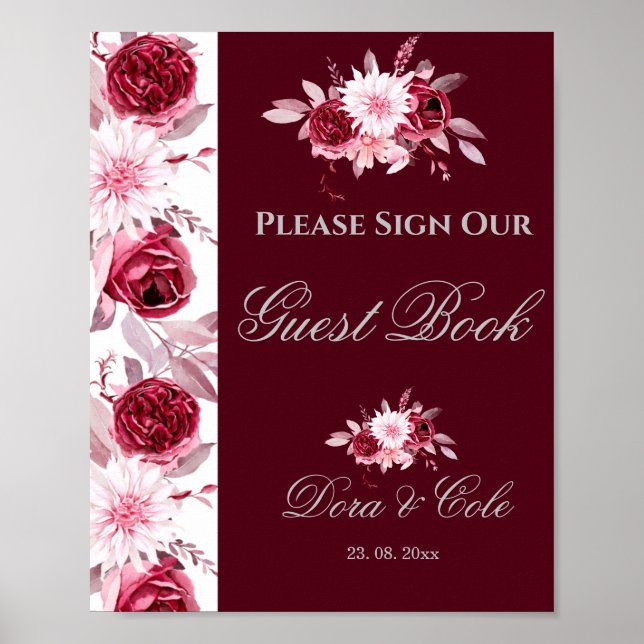 Blomstermönstrad Rosa Burgunderröd Bröllopsgästbok Poster (Framsidan)