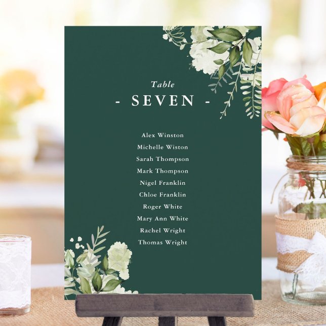 Blomstermönstrad smaragdgrön sittplaneringsbordsko inbjudningar (Floral Emerald Green Seating Plan Table Number)