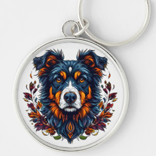 Blomstermönstrad söt hundnyckelring - present till rund silverfärgad nyckelring