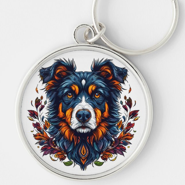 Blomstermönstrad söt hundnyckelring - present till rund silverfärgad nyckelring (Framsidan)