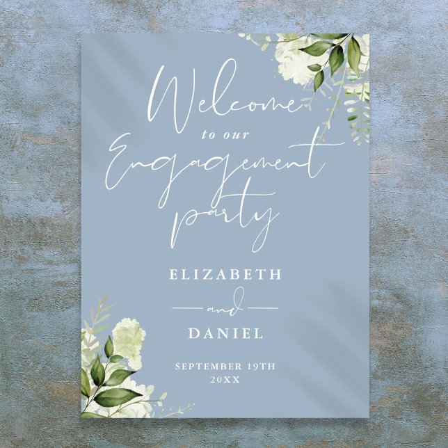 Blomstermönstrat dammigt blått välkomstskylt för f poster (Floral Dusty Blue Engagement Party Welcome Sign)