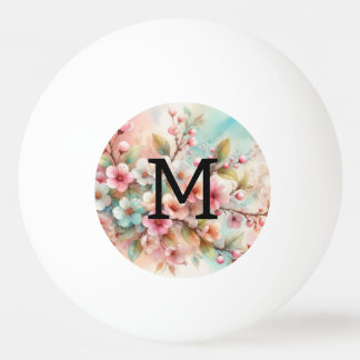 Blomstermotiv i akvarell, monogram rosa körsbärsbl pingisboll