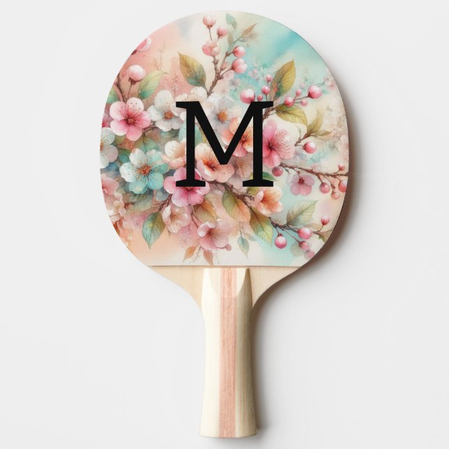 Blomstermotiv i akvarell, monogram rosa körsbärsbl pingisracket (Framsidan)