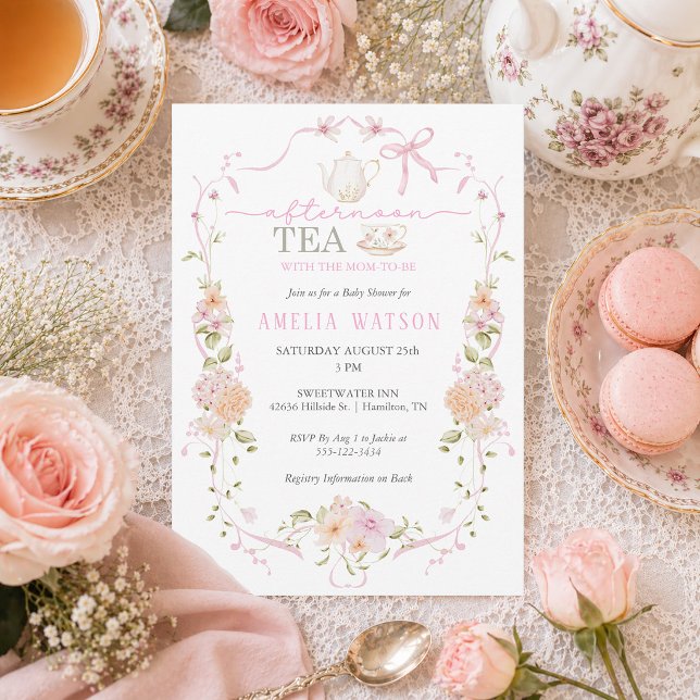 Blomsterram Tea med den blivande mamman Baby Showe Inbjudningar (Floral Frame Tea with the Mom-to-be Baby Shower Invitation)