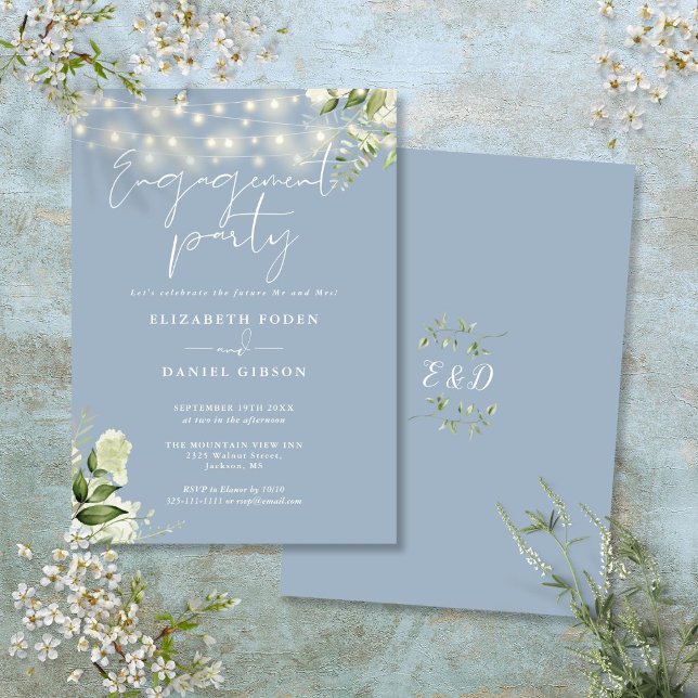 Blomsterrankor med dammig blå belysning för förlov inbjudningar (Floral String Lights Dusty Blue Engagement Party Invitation)
