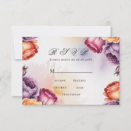 Blomsterrik purpur orange och röda rosor bröllop OSA kort