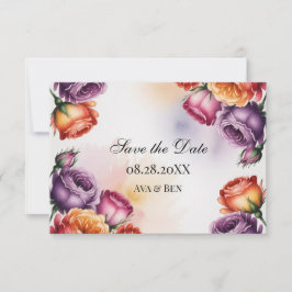 Blomsterrik purpur orange och röda rosor bröllop spara datumet