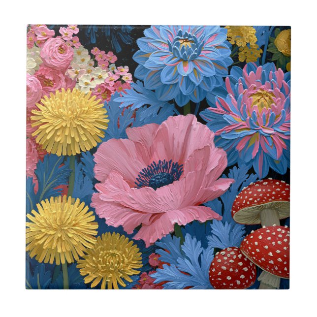 Blomsterrik Svampträdgård i Rosa och Blå Kakelplatta (Framsidan)