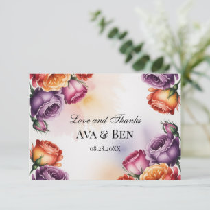 Blomsterrik vigsel med lila, orange och röda rosor tack kort