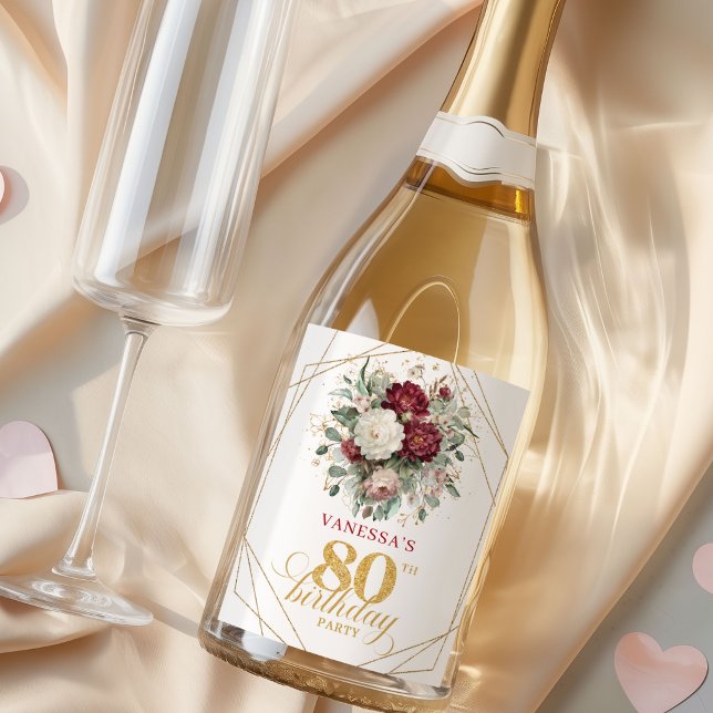 Blomsterröd Burgunder 80-års Födelsedags Champagne (Floral Blush Burgundy 80th Birthday Champagne Labels)