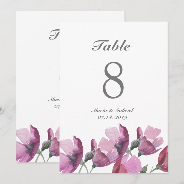 Blomsterröd-lila akvarell bröllopsbord nummer inbjudningar (Fram/baksida)