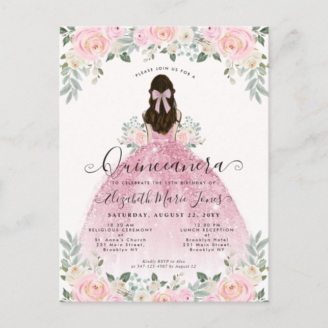 Blomsterrödrosa klänning 15-års Quinceanera  Vykort (Framsida)