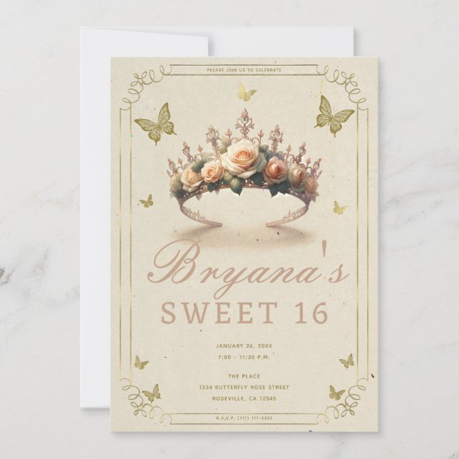 Blomsterros Tiara & Guld Fjärilar Sweet 16 Inbjudningar (Framsida)
