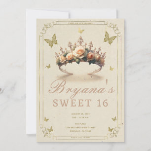 Blomsterros Tiara & Guld Fjärilar Sweet 16 Inbjudningar