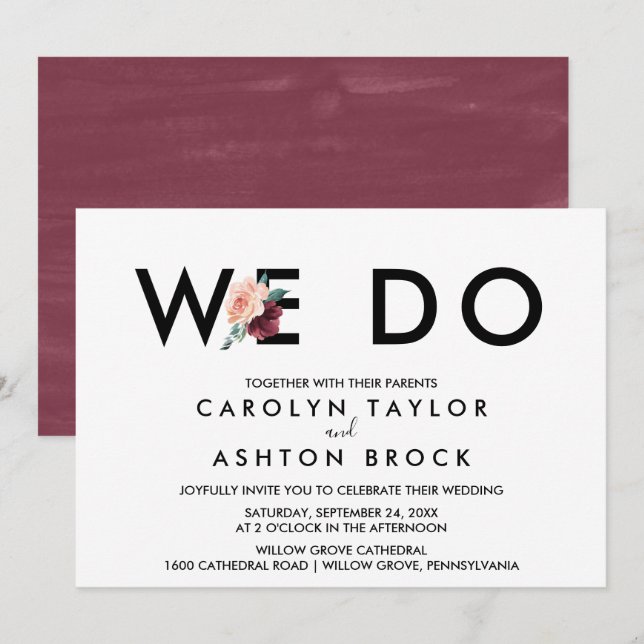 Blomsterskrift | Maron We Do Bröllop Inbjudningar (Fram/baksida)