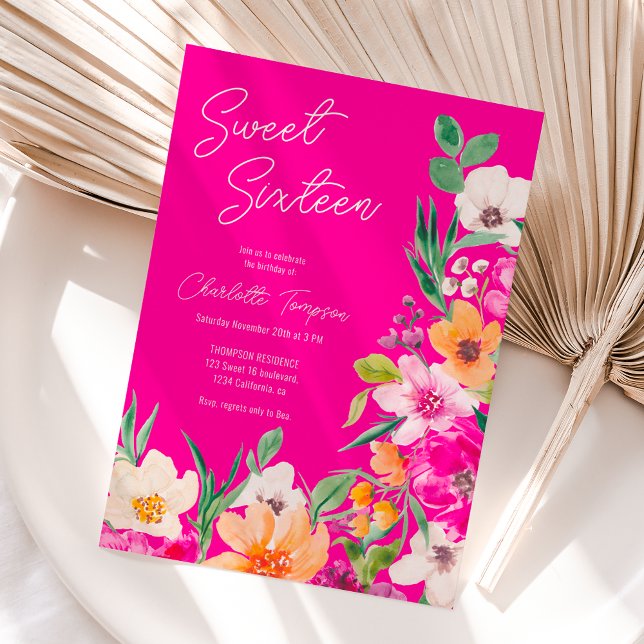 Blomsterskript av vild med lätt fetstil Söt 16 Inbjudningar (Bright bold wild flowers script Sweet 16 Invitation)
