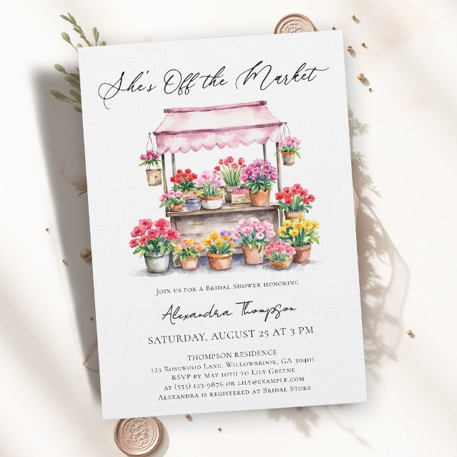 Blomsterstånd utanför marknaden Bröllopsdusch med  Inbjudningar (off the market bridal shower invitation watercolor floral elegant backyard outdoor garden party)