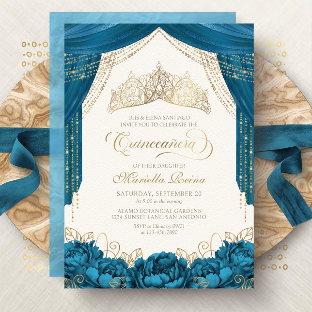 Blomstertid Prinsesskrona Turkos Quinceanera Inbjudningar (Skapare uppladdad)