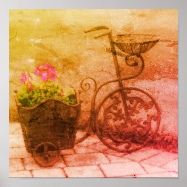 Blomsterträdgård Bicycle Distress Art Poster (Framsidan)