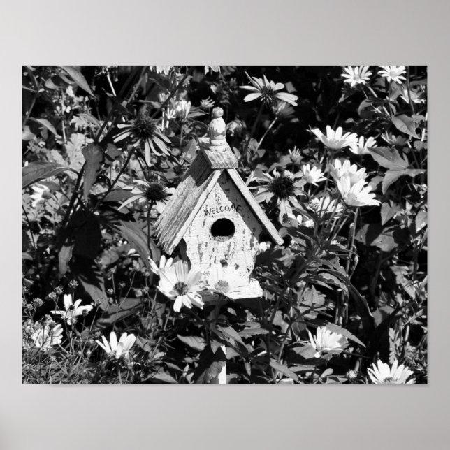 Blomsterträdgård Bird House Black and White Poster (Framsidan)