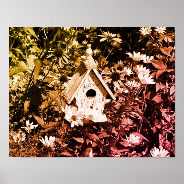 Blomsterträdgård Bird House Black and White Vintag Poster (Framsidan)