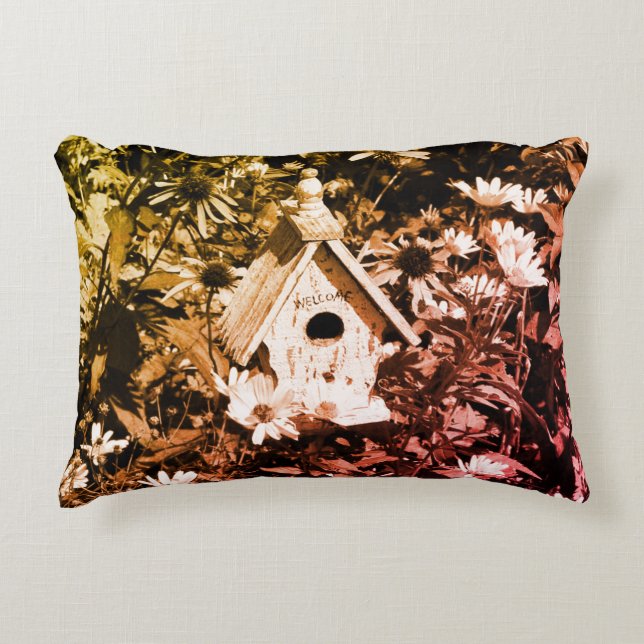 Blomsterträdgård Bird House Black and White Vintag Prydnadskudde (Framsidan)