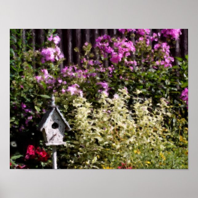 Blomsterträdgård Bird House Pastel Painting Poster (Framsidan)