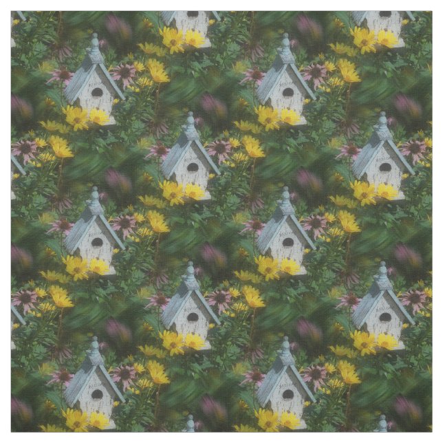 Blomsterträdgård Birdhouse Natature Art Mönster Tyg (Provkarta)