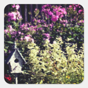 Blomsterträdgård Birdhouse Pastel Painting Fyrkantigt Klistermärke