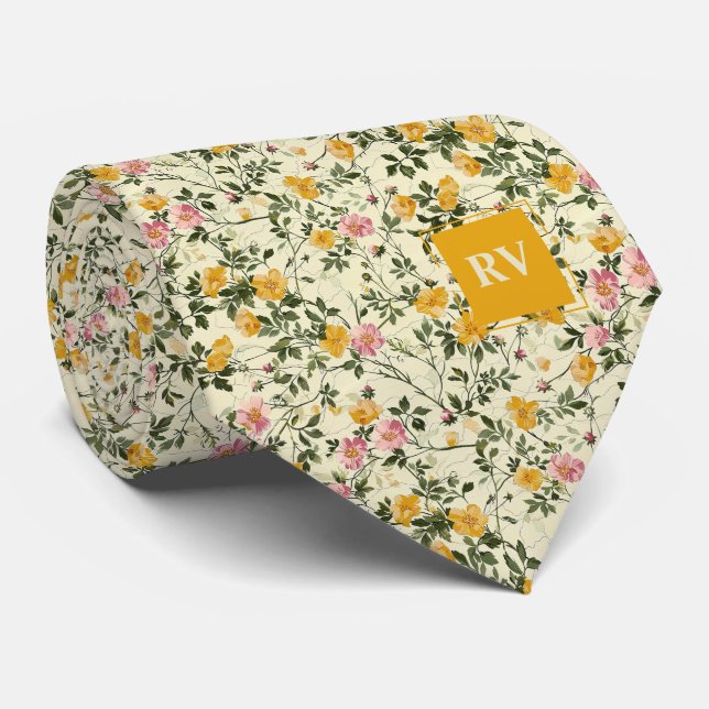 Blomsterträdgård Blommigt Monogrammed Necktie Slips (Rullad)