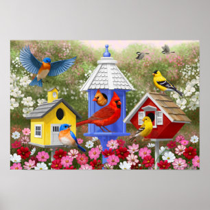 Blomsterträdgård för färgfåglar och fågelhus poster