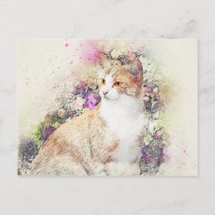 Blomsterträdgård Kattunge ABSTRAKT Vattenfärg Vykort