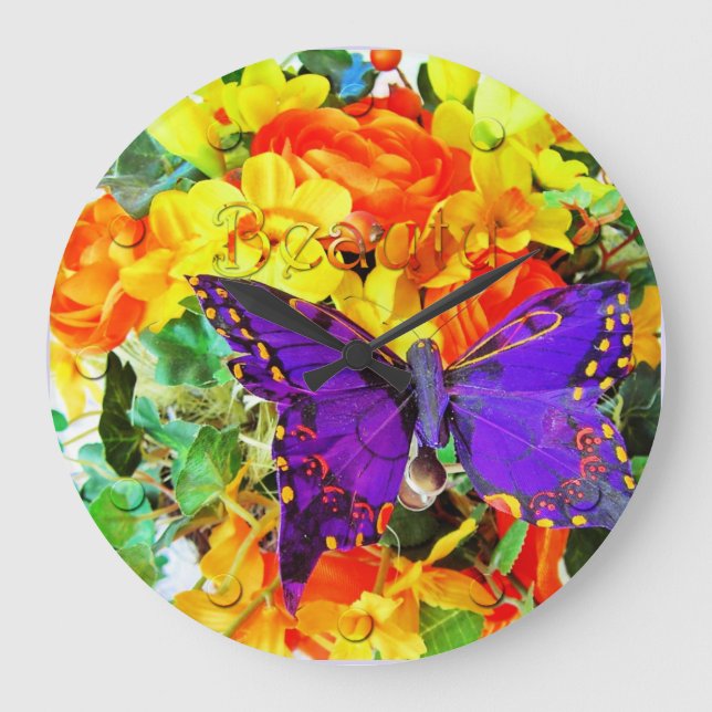 Blomsterträdgård Lila Butterfly Wall Clock Stor Klocka (Framsida)