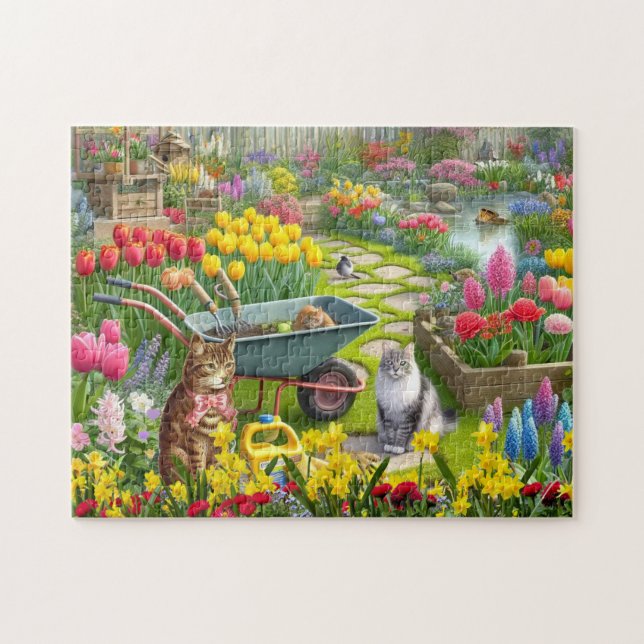 Blomsterträdgård med katter / kattälskare  pussel (Horisontell)