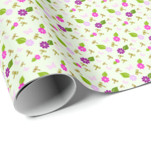 Blomsterträdgård och Dragonfly Wrapping Papper Gif Presentpapper