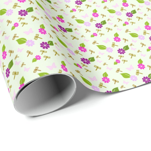 Blomsterträdgård och Dragonfly Wrapping Papper Gif Presentpapper (Rullad Hörn)