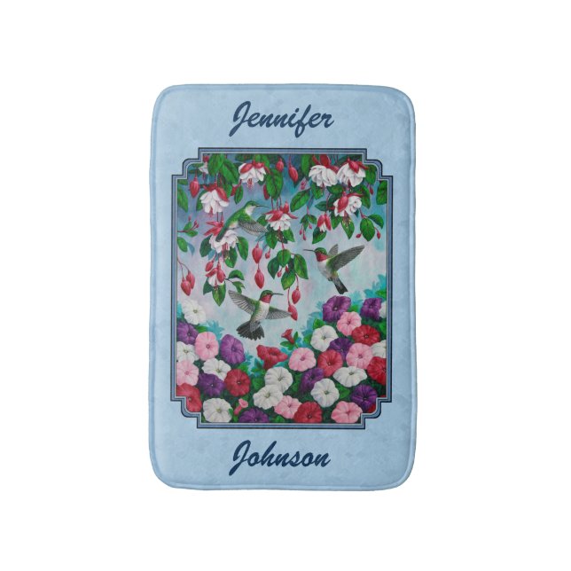 Blomsterträdgård och Hummingbird Blue Badrumsmatta (Framsidan (Vertikal))