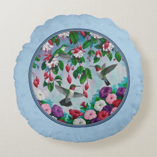 Blomsterträdgård och Hummingbird Blue Rund Kudde (Framsidan)