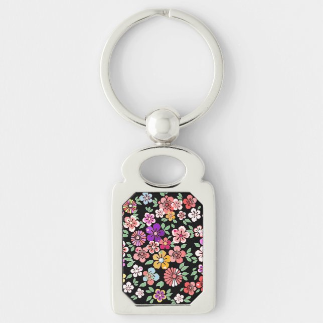 Blomsterträdgård Rektangulärt Silverfärgad Nyckelring (Framsidan)