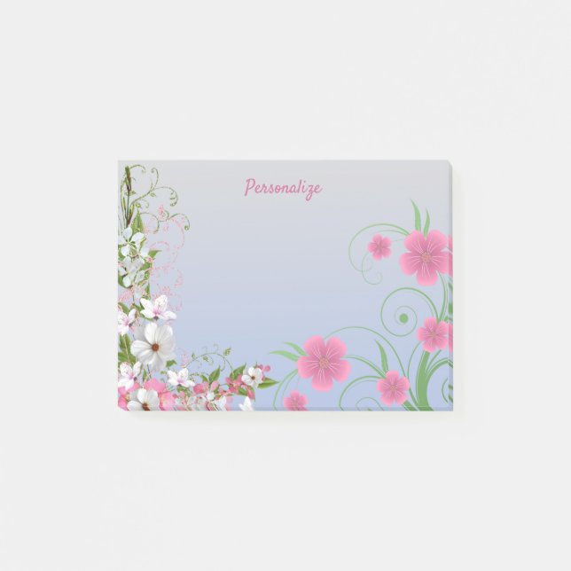 Blomsterträdgård Vit & Rosa Blommig Personlig Post-it Block (Framsida)