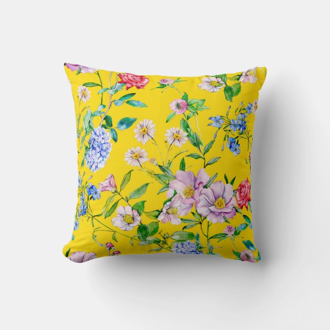 Blomsterträdgårdens vattenfärgsillustrationsmönste kudde (Framsida)