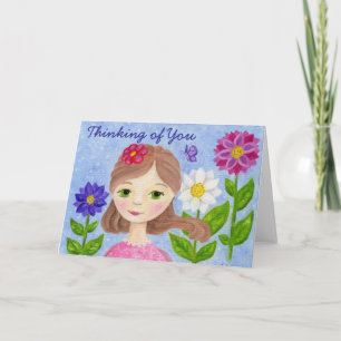 Blomsterträdgårdflickan som är tänkande av dig, kort