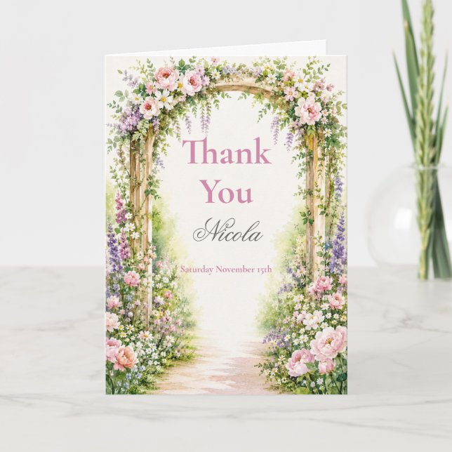 Blomsterträdgårdsbåge Baby Shower Tack Kort (Framsida)