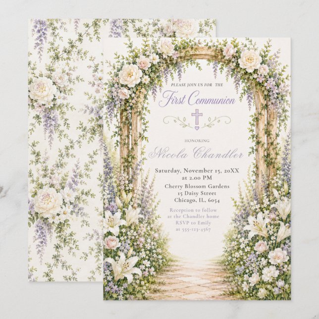 Blomsterträdgårdsbåge Första Kommunion Inbjudningar (Fram/baksida)