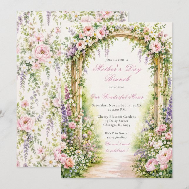 Blomsterträdgårdsbåge Morsdagsbrunch Inbjudningar (Fram/baksida)