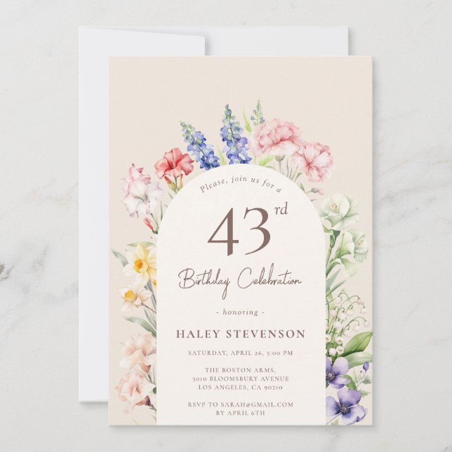 Blomsterträdgårdsbåge Whimsical Beige 43-årsdag Inbjudningar (Framsida)