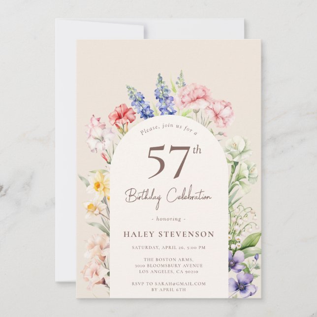Blomsterträdgårdsbåge Whimsical Beige 57-årsdag Inbjudningar (Framsida)