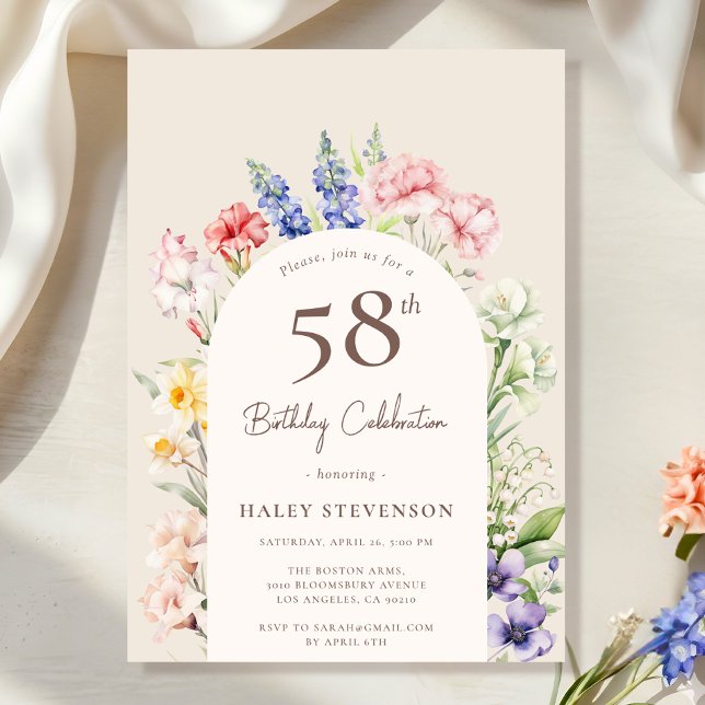 Blomsterträdgårdsbåge Whimsical Beige 58-årsdag Inbjudningar (Skapare uppladdad)